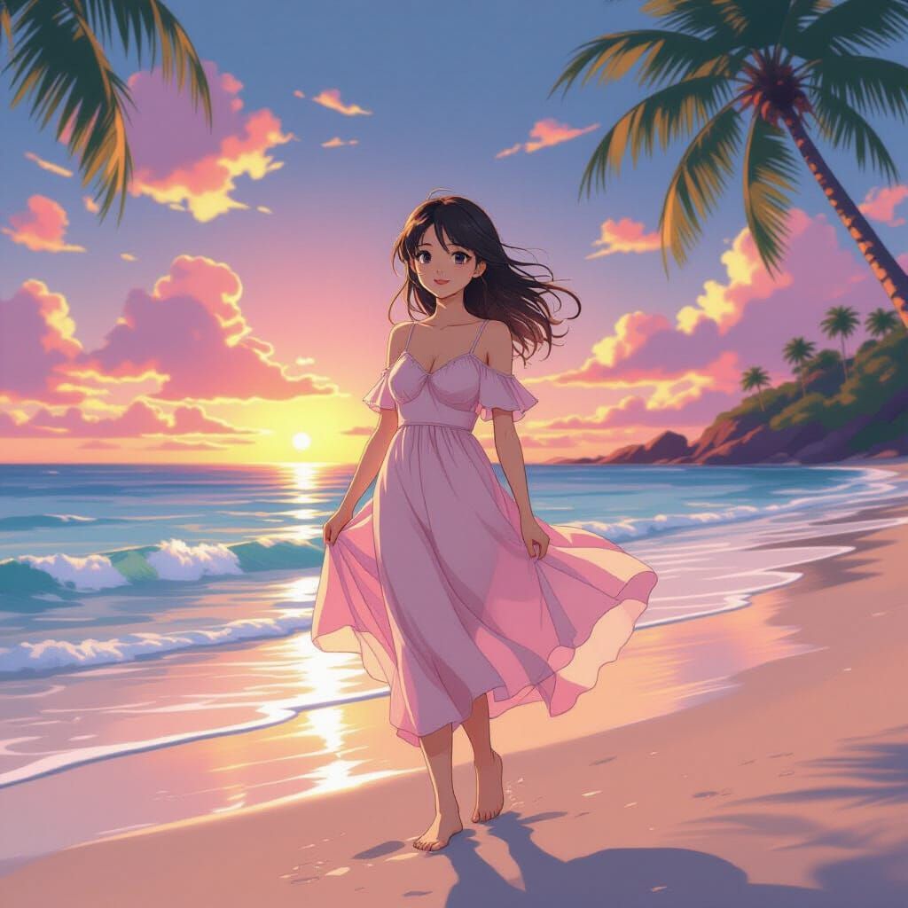 Anime Girl on Beach in Vibrant Art Style