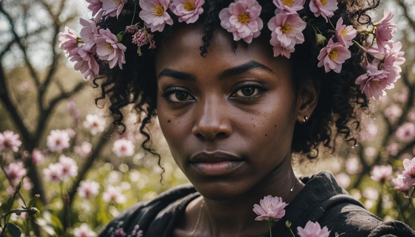 Black Queen in Spring Flower Park Portrait