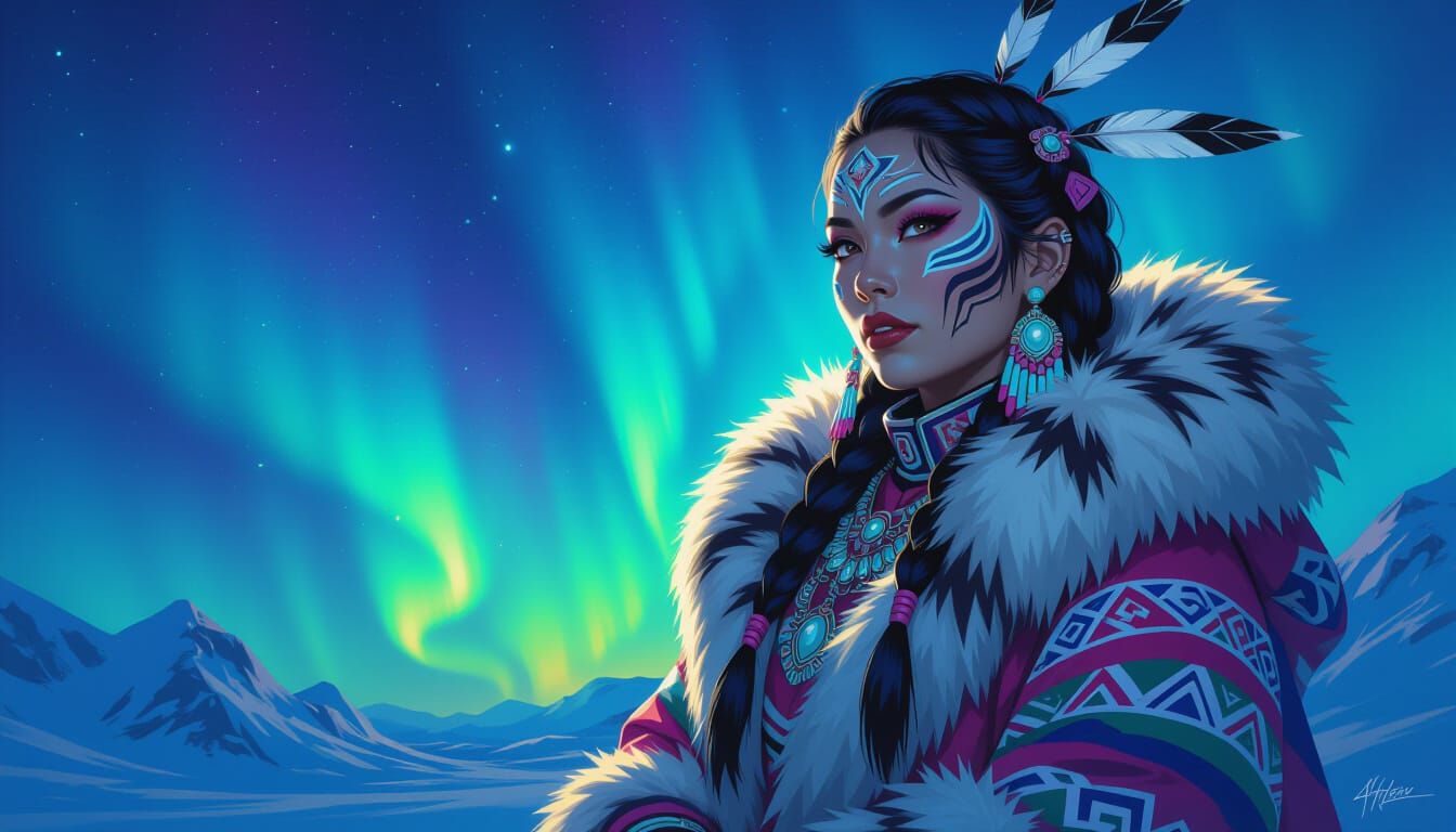 Inuit Woman Under Aurora Borealis in Fantasy Style