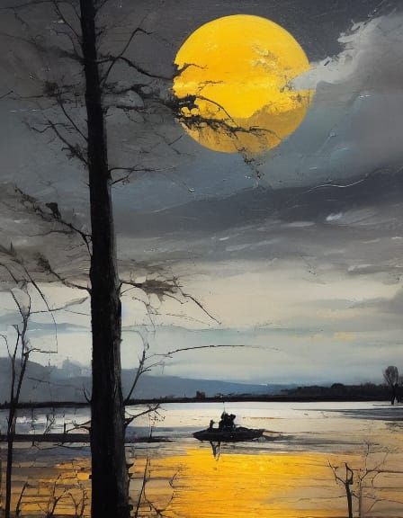 Frozen Lake Under Stormy Night Sky Oil Painting