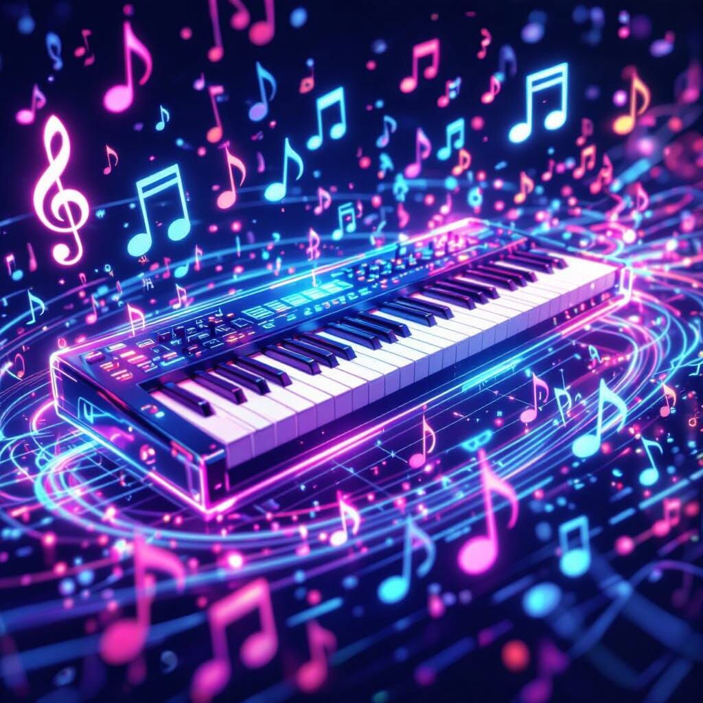 Radiant Transparent DJ Keyboard Floats Amidst Music Notes