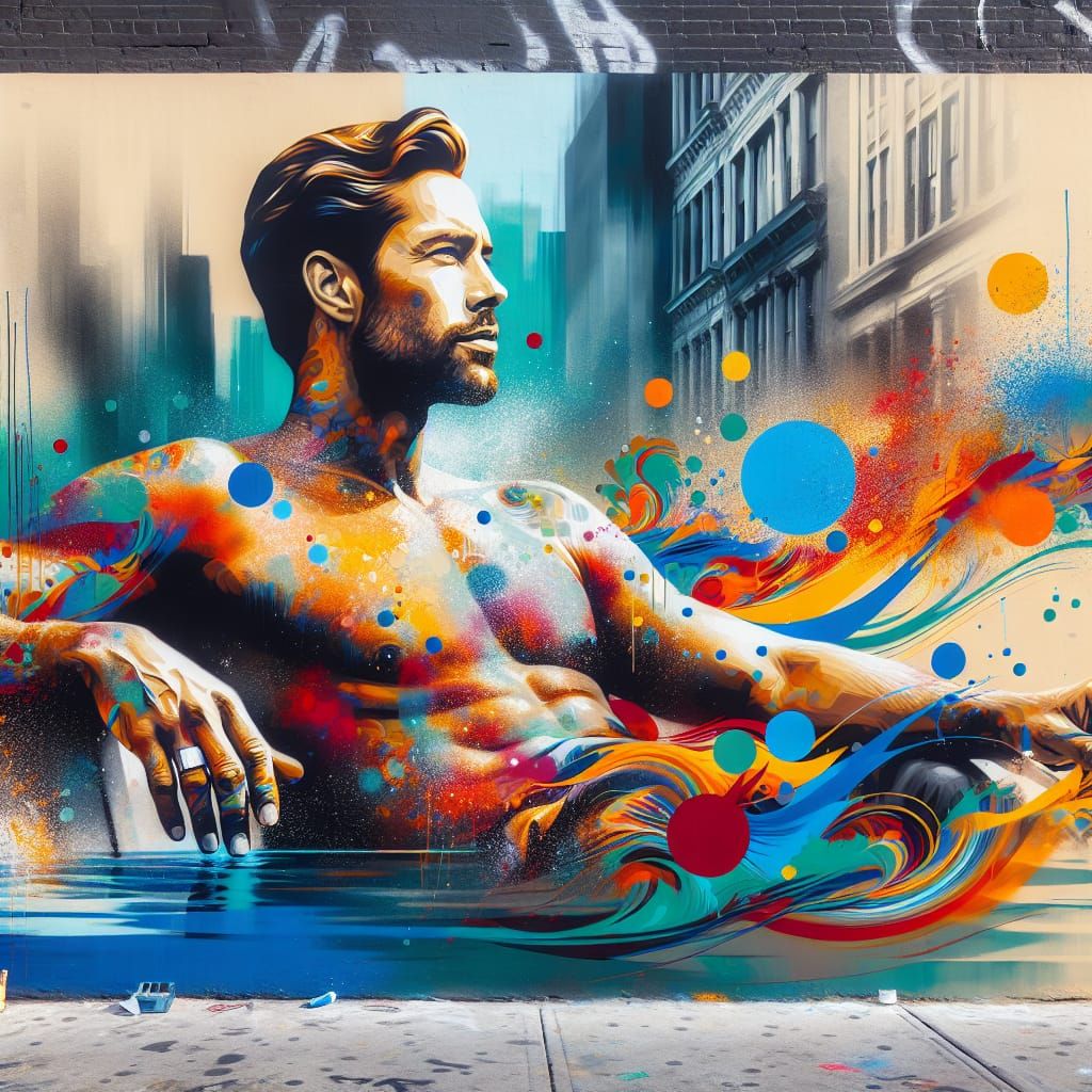 Vibrant Graffiti Art of Man Relaxing by Pool