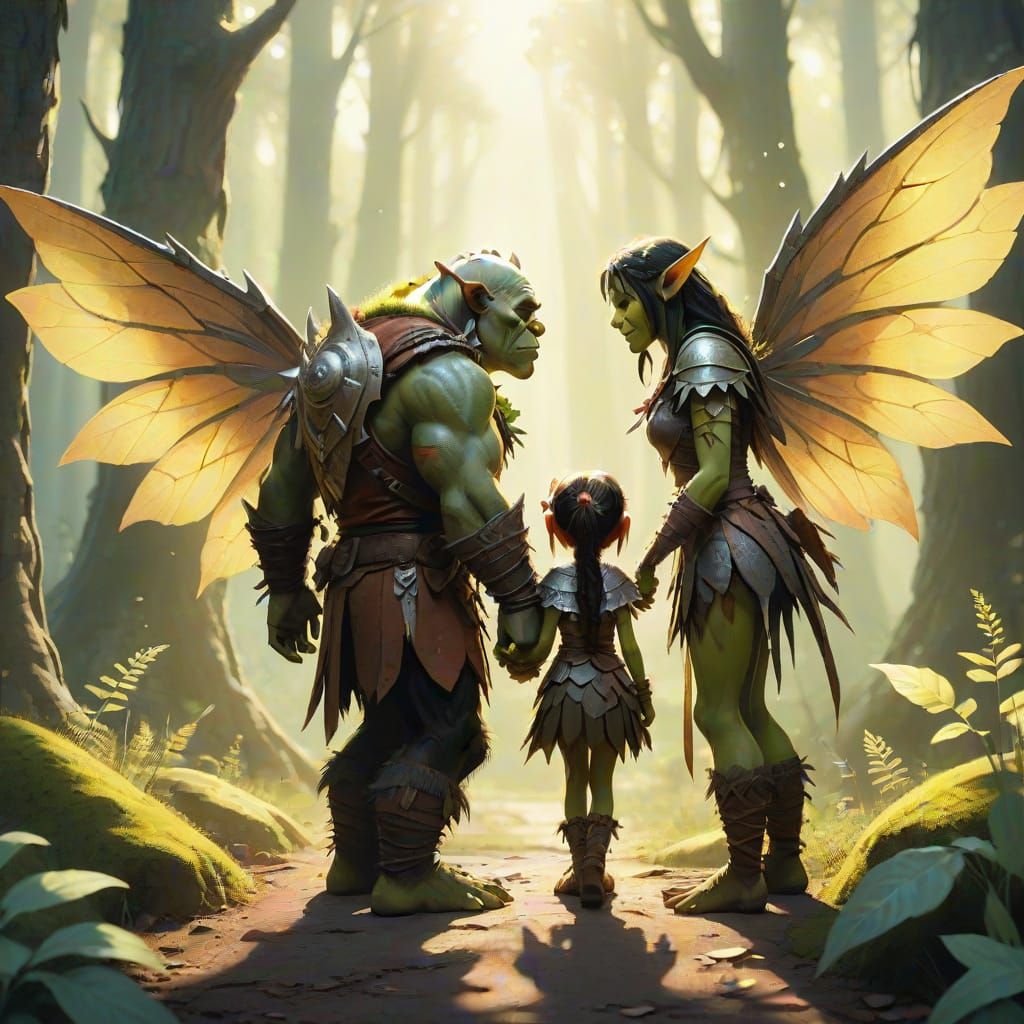 Orc and Fairy Friends in Forest, Whimsical Art