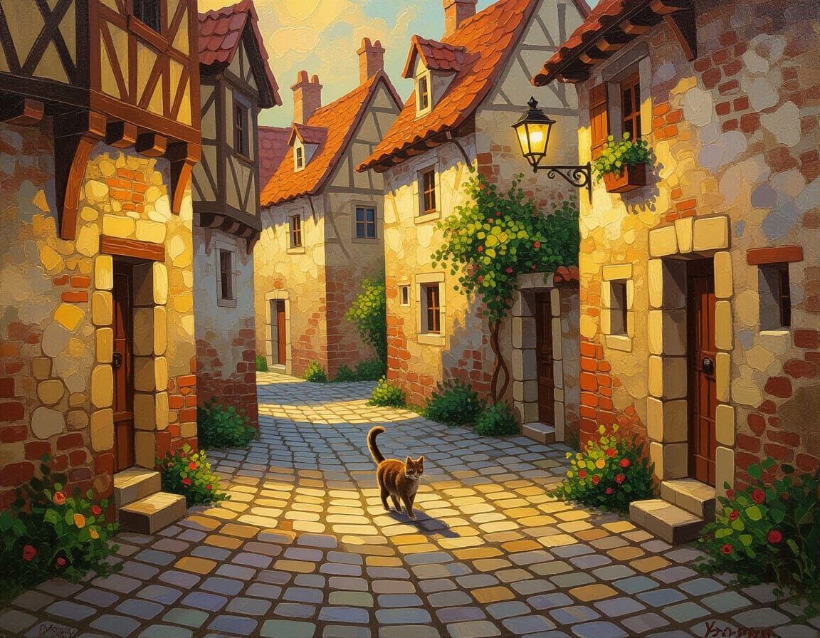 Impressionist Oil Painting of Cat on Cobblestone Street