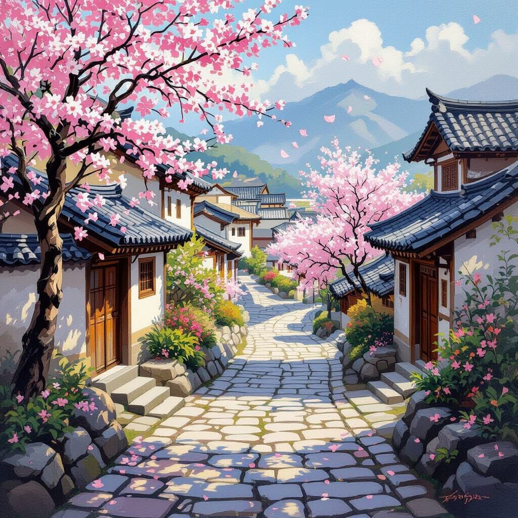 Oriental Village With Cherry Blossoms Oil Painting