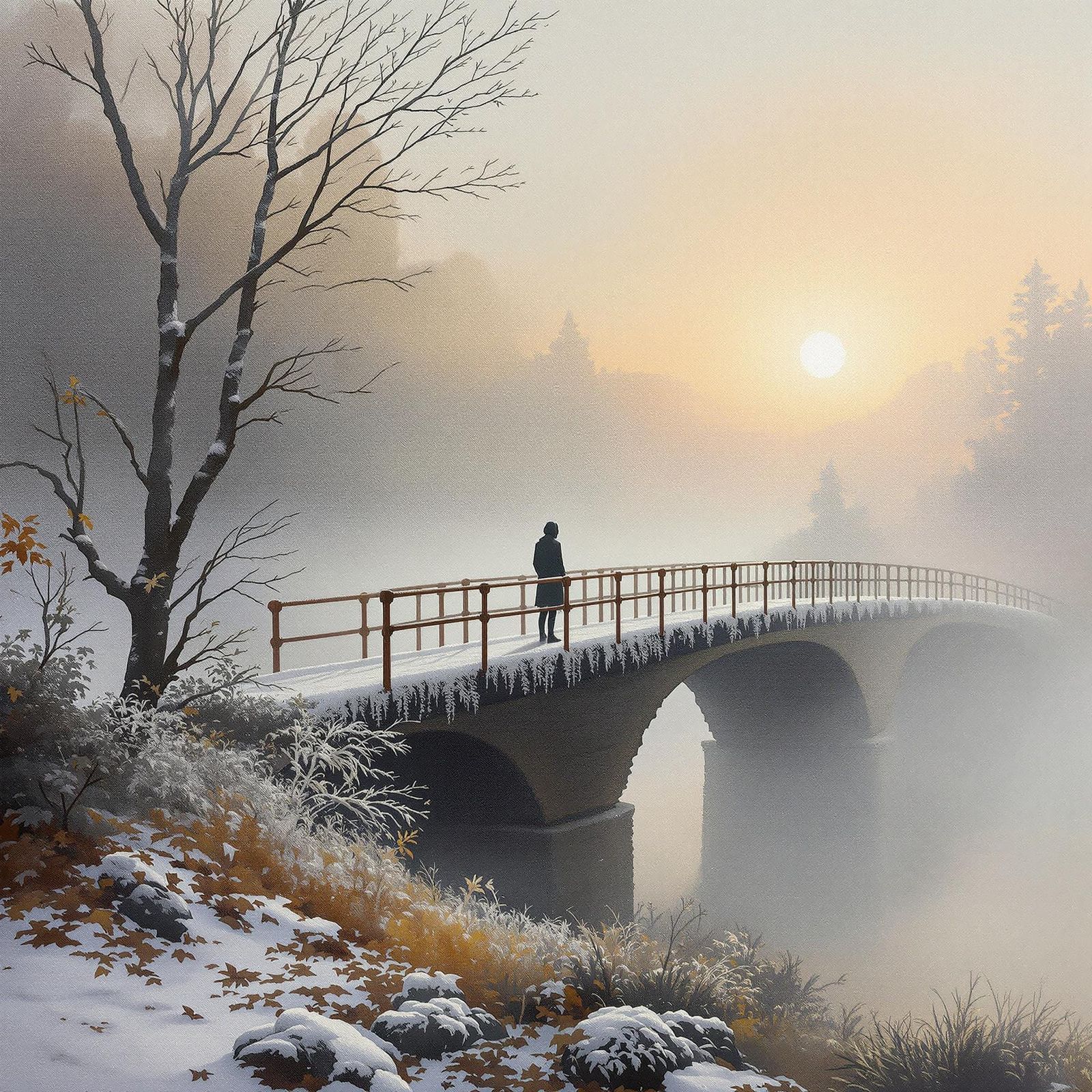 Bridging Seasons: Impasto Sunrise Painting of Autumn and Win...