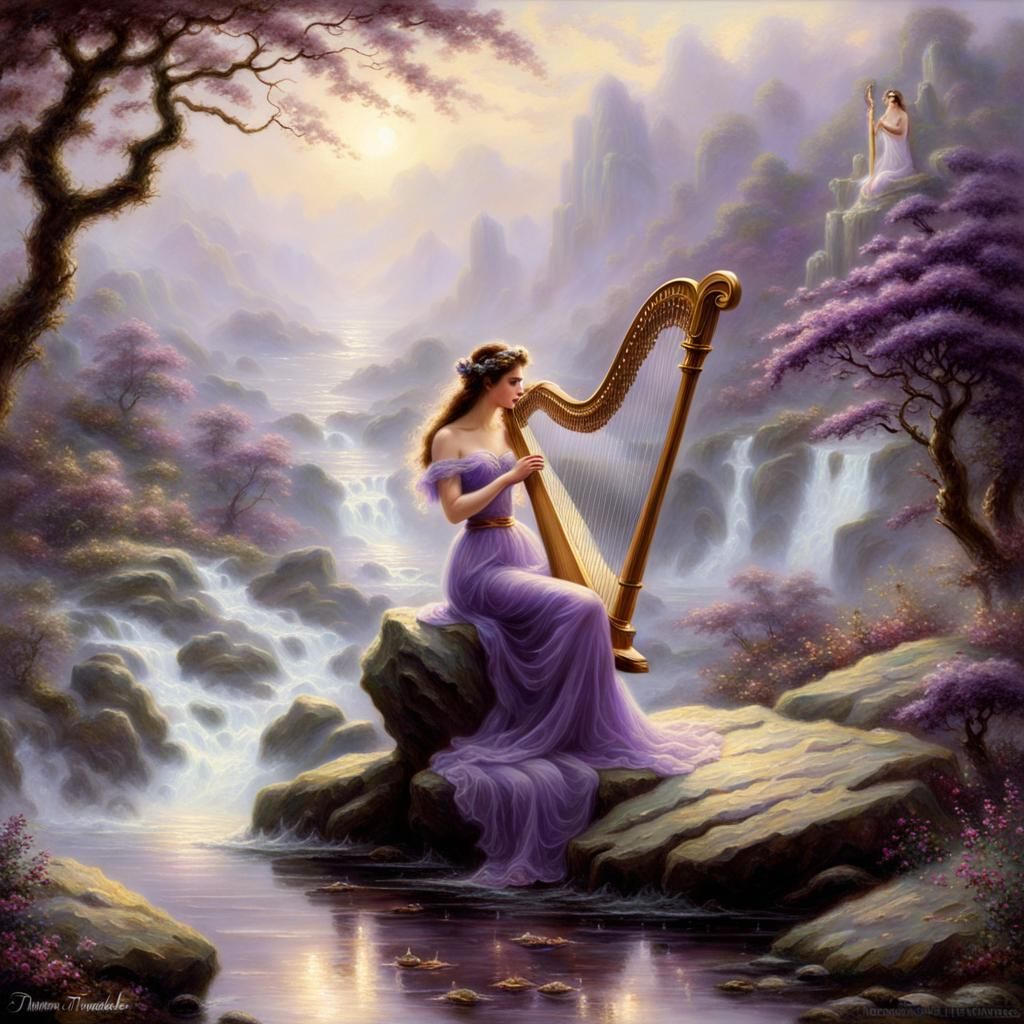 Ethereal Nymph Playing Harp in a Fantasy Landscape