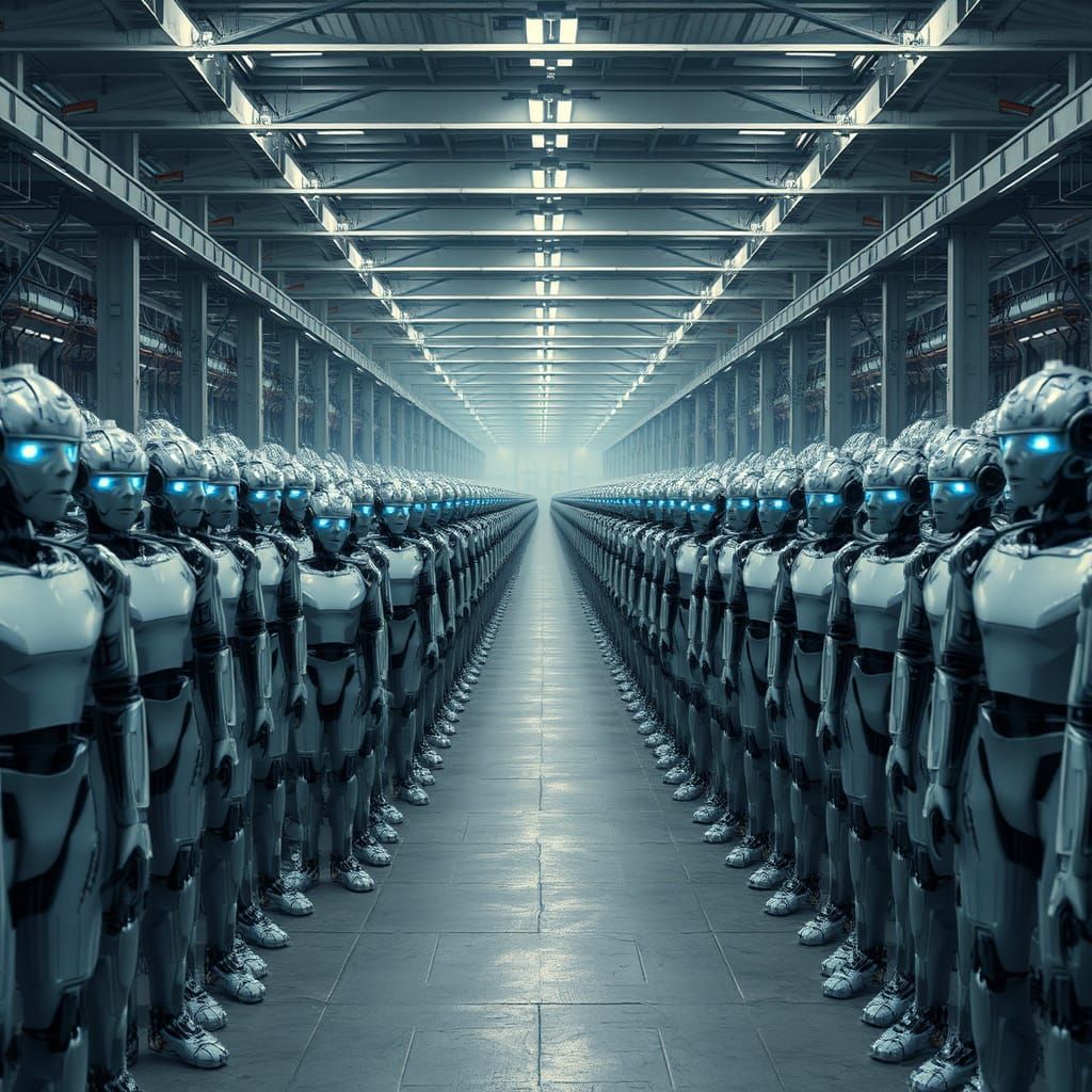 Photorealistic Robot Army in Industrial Warehouse