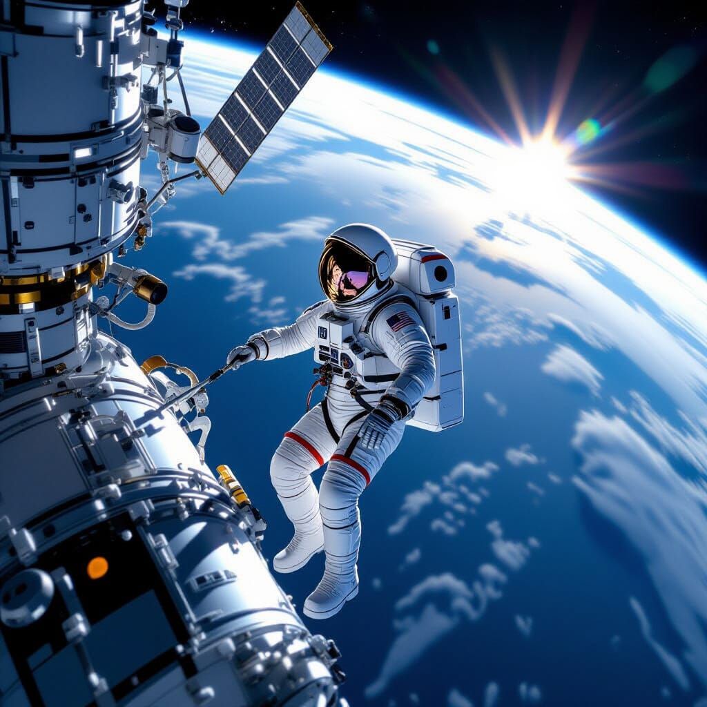 Astronaut Spacewalk Near ISS with Earth View