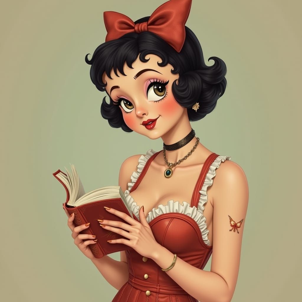 Retro Woman Reading, Kawaii Style, Alphonse Mucha Flair