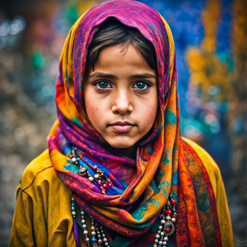 Vibrant Portrait of Afghan Girl in Graffiti Art Style
