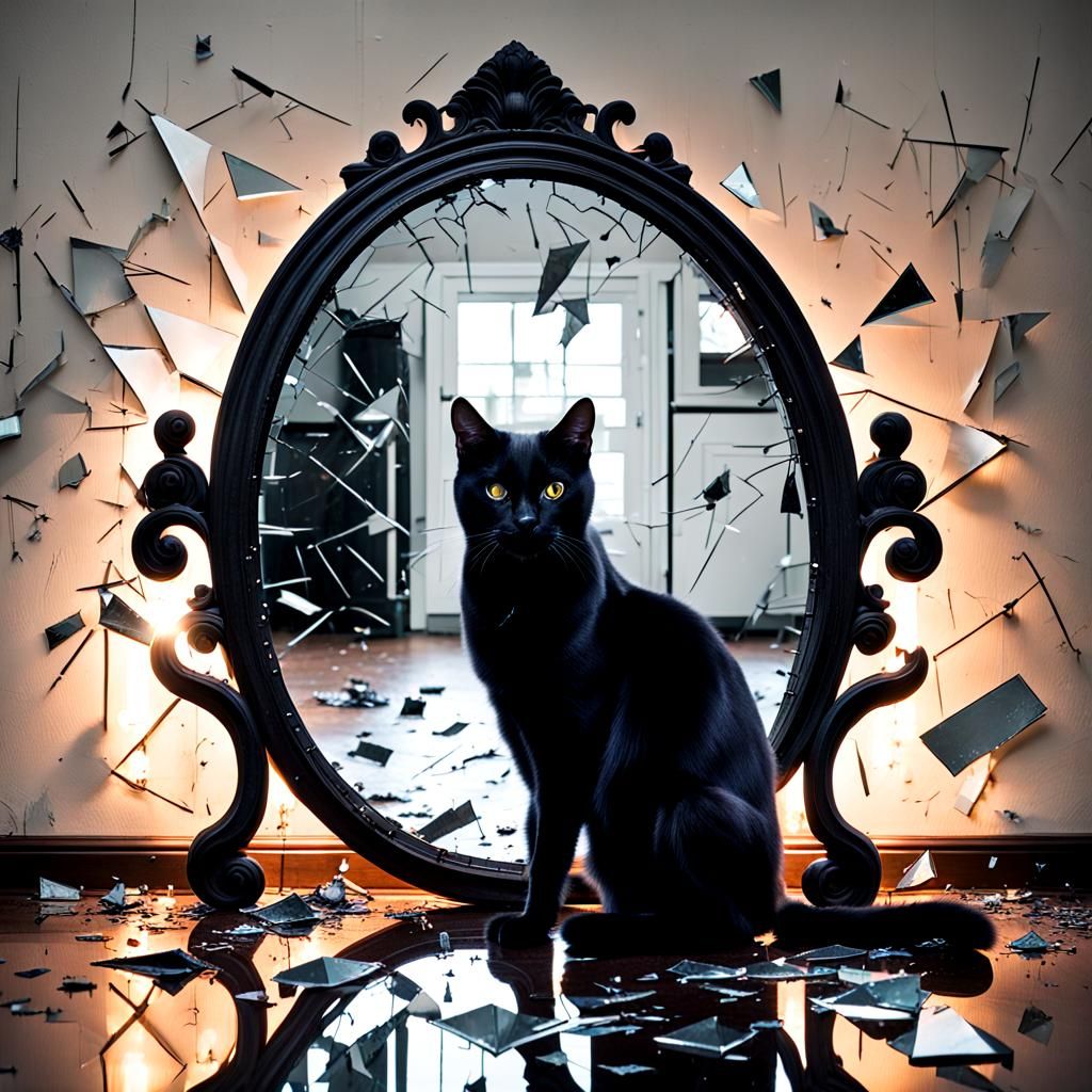 Eerie Black Cat and Broken Mirror Reflection