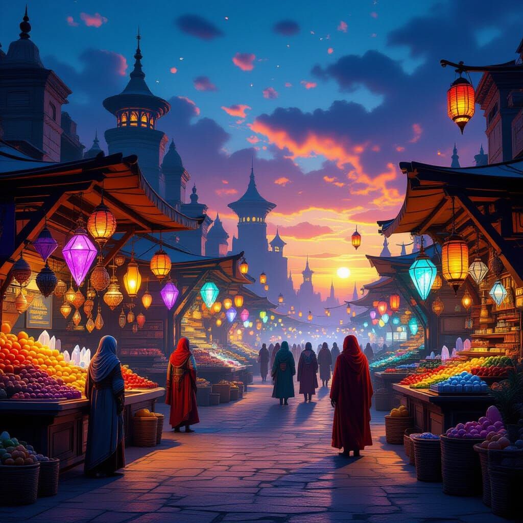 Futuristic Intergalactic Marketplace at Sunset