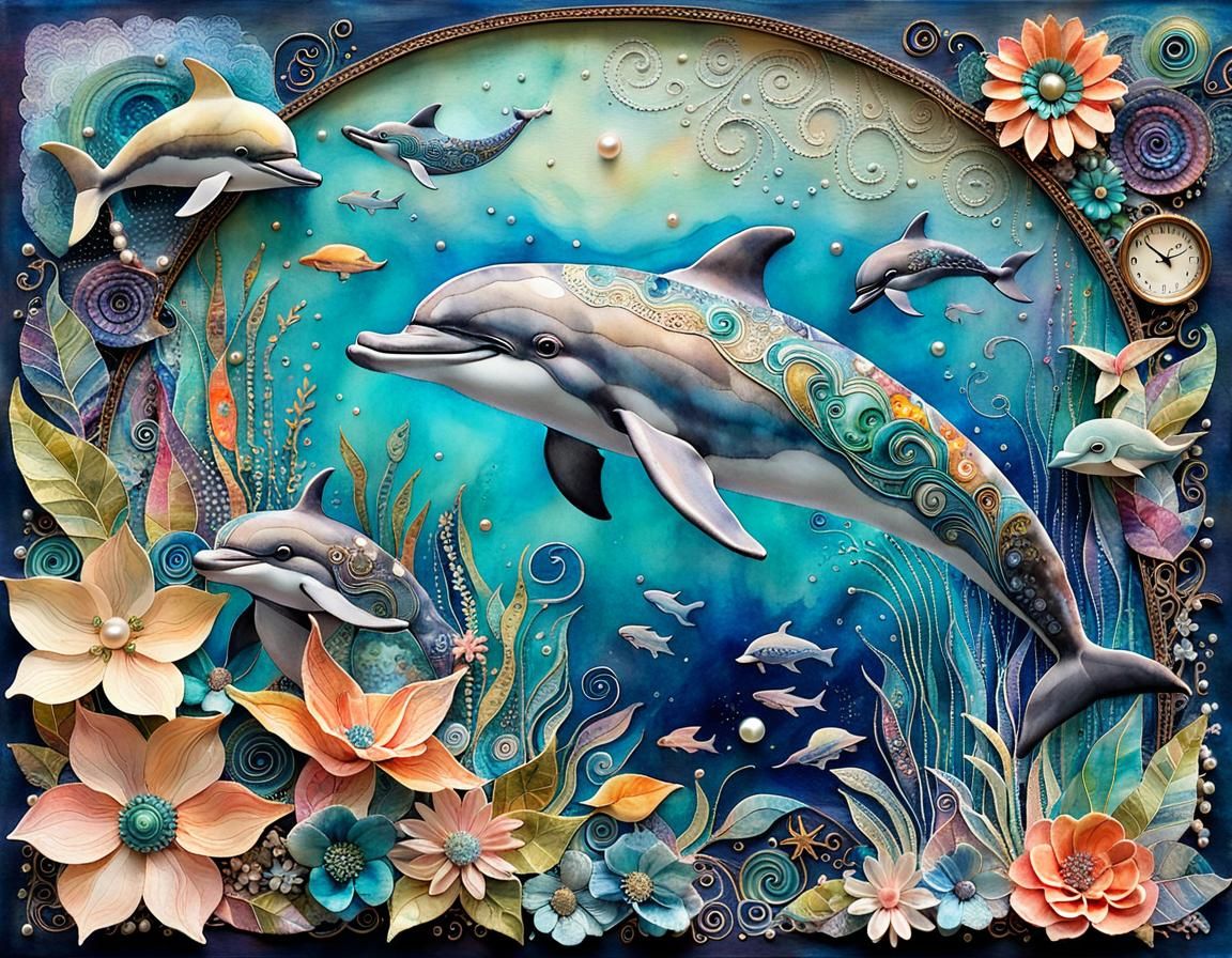 Whimsical Dolphin in Mixed Media Collage