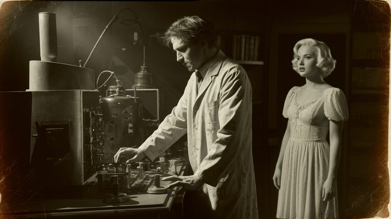 Ominous 1940s Lab Scene in Film Noir Style