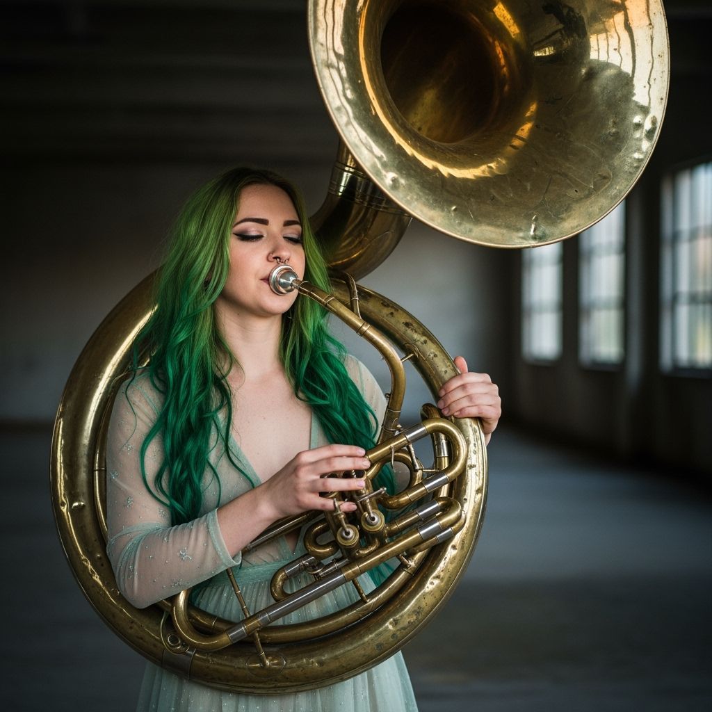 Young Woman Plays Giant Tuba in Abandoned Building