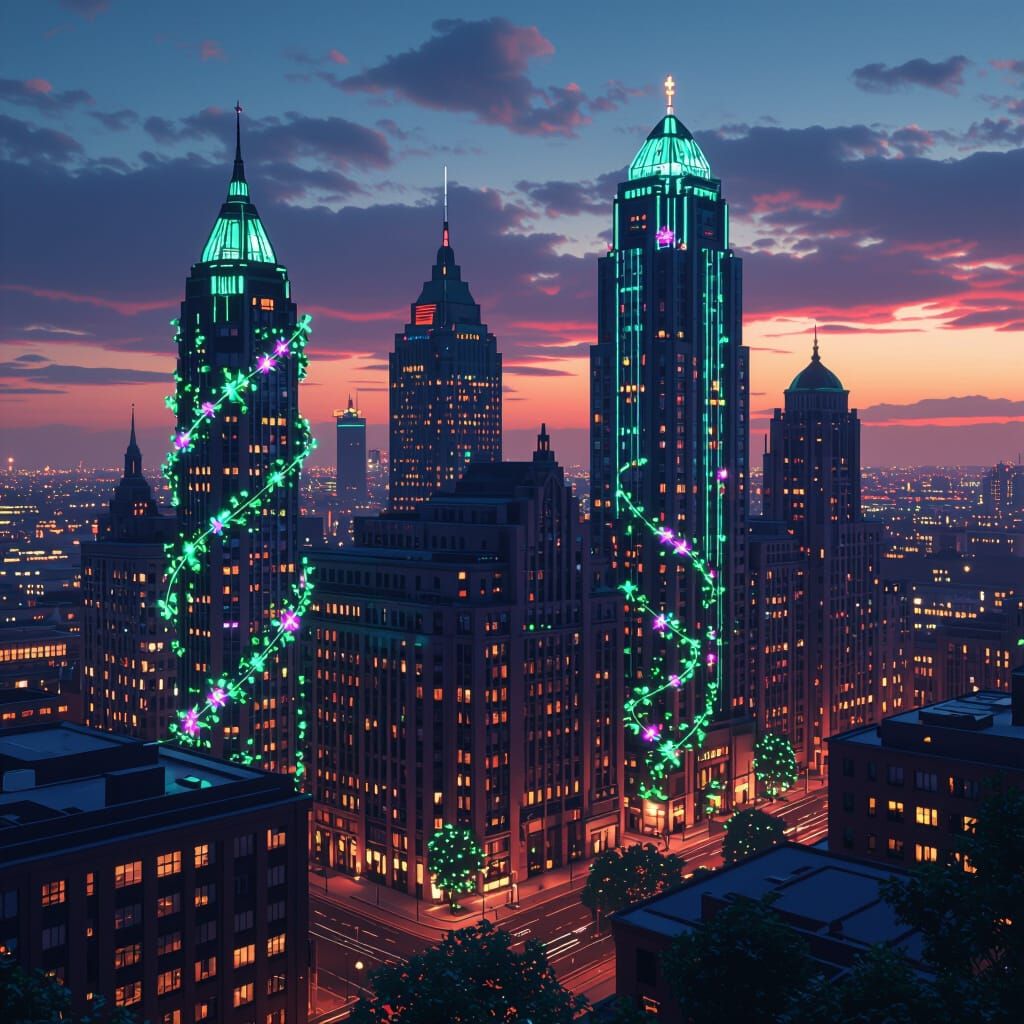 Liverpool Cityscape with Bioluminescent Flora in Retro-Futur...