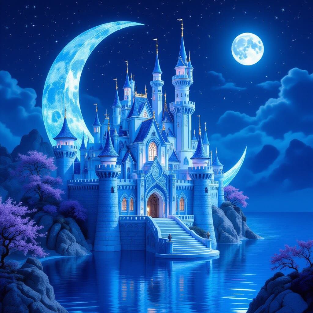 Majestic Ice Castle City on Moon Over Midnight Sea