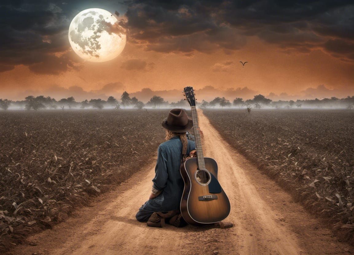 Musician at Crossroads Under Full Moon