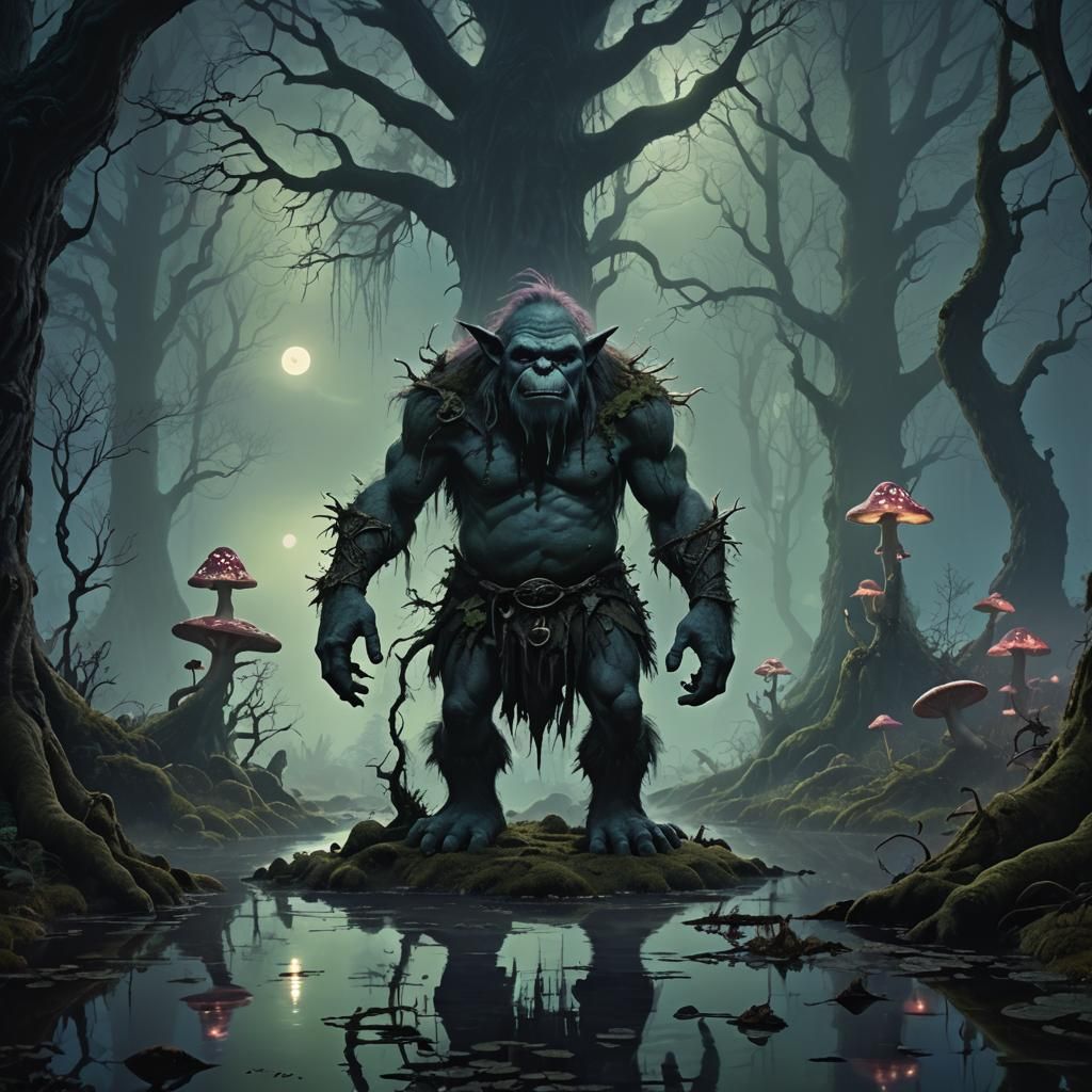 Moonlit Troll in Dark Fantasy Forest