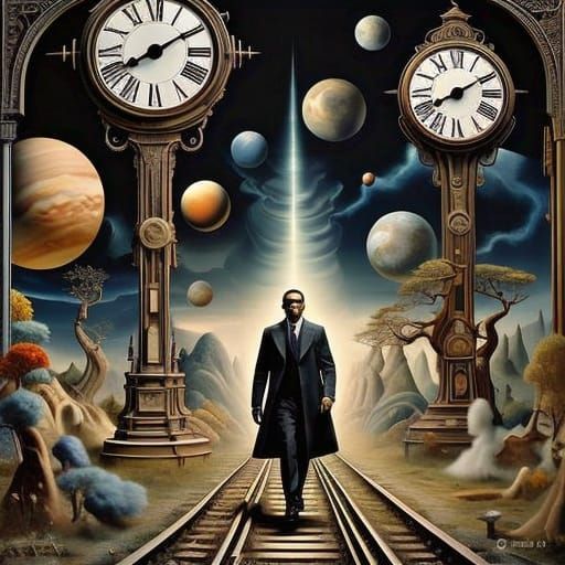 Man in Long Coat Walks Train Tracks in Dreamlike Landscape w...