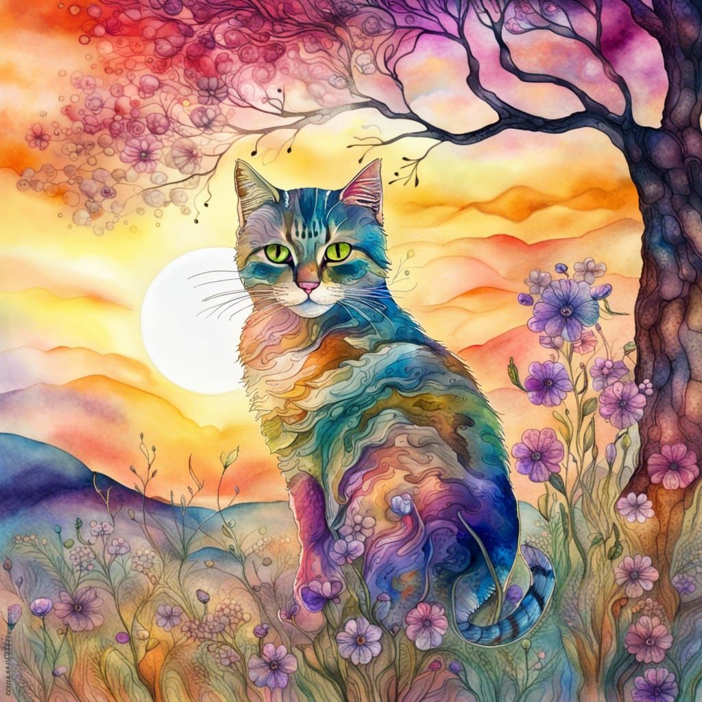 Cat in Meadow: Abstract Alcohol Ink Landscape