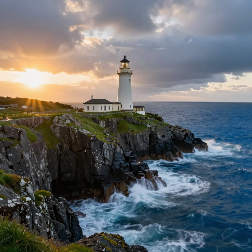 Dramatic Coastal Sunset Lighthouse Scene