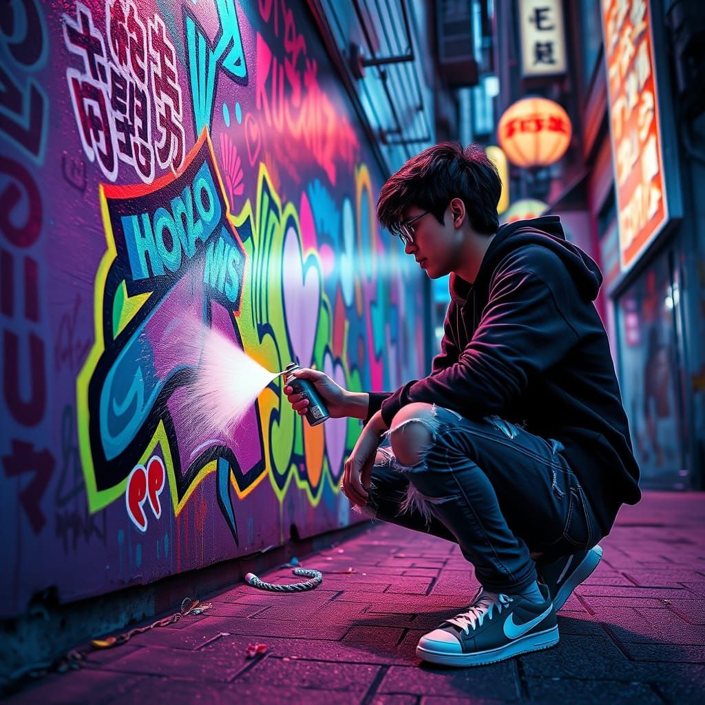 Neon Graffiti Art in Vibrant Asian Street Scene