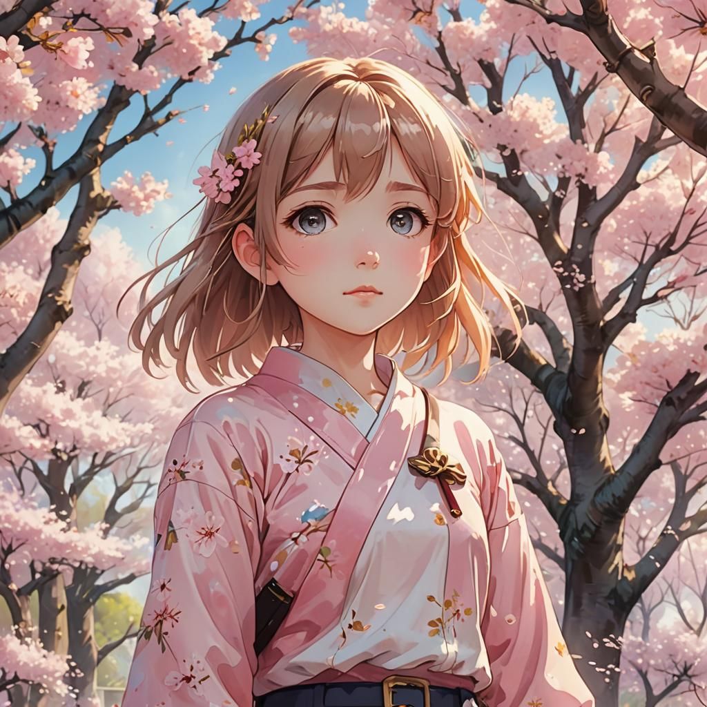 Anime Girl in Cherry Blossom Garden