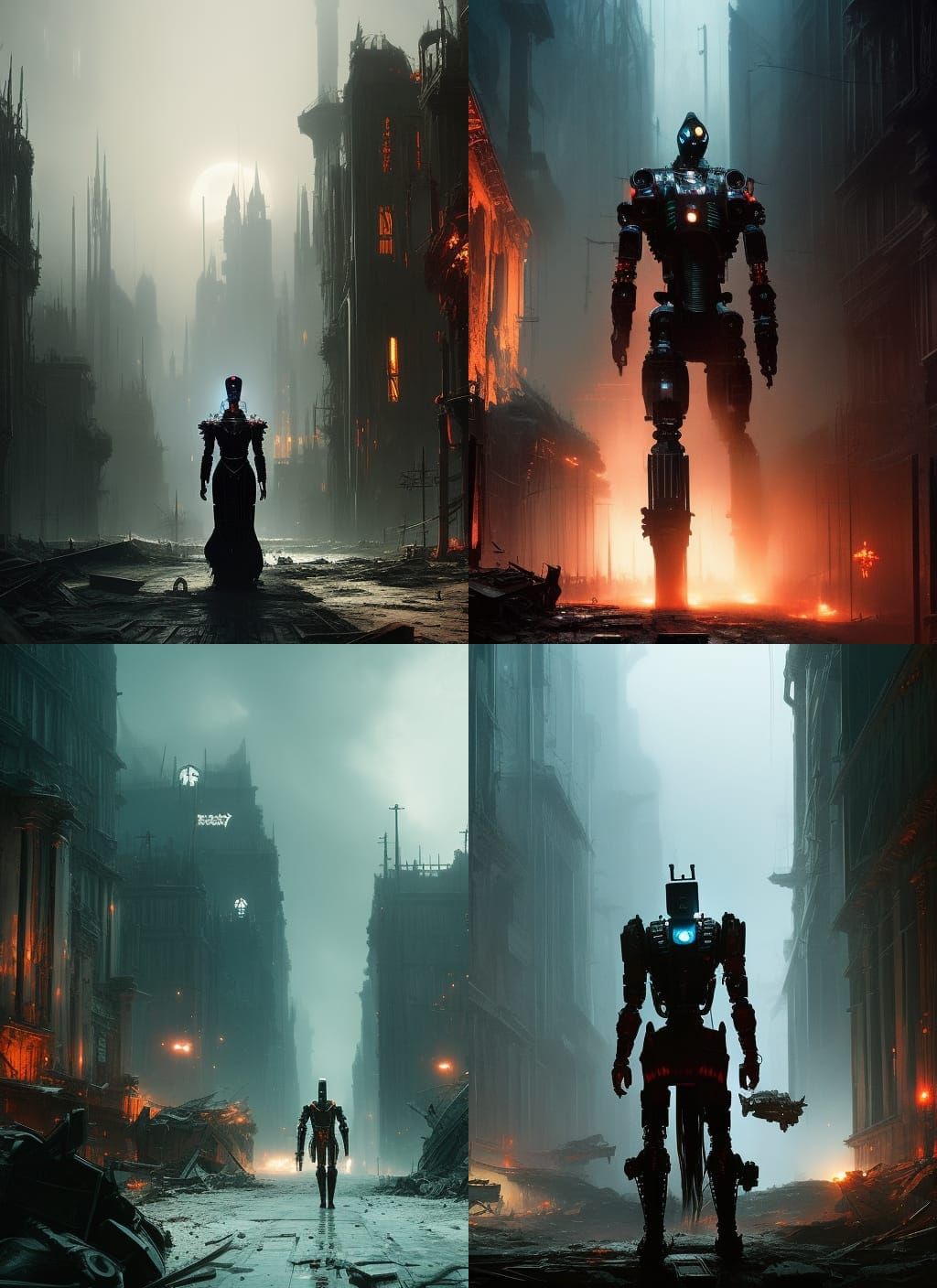 Eerie Cyborg Silhouette in Ruined Cityscape