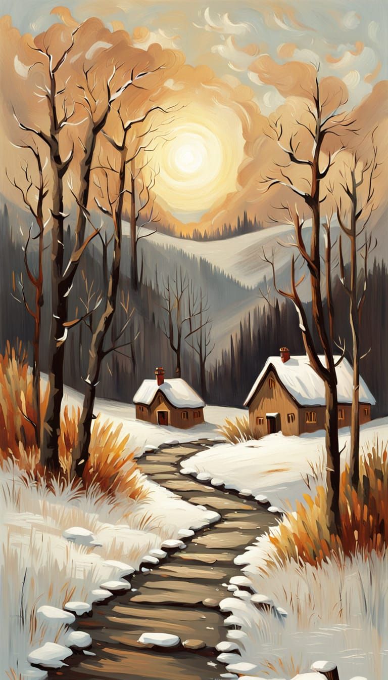 A Snowy Village in the Woods, Van Gogh-Inspired Landscape