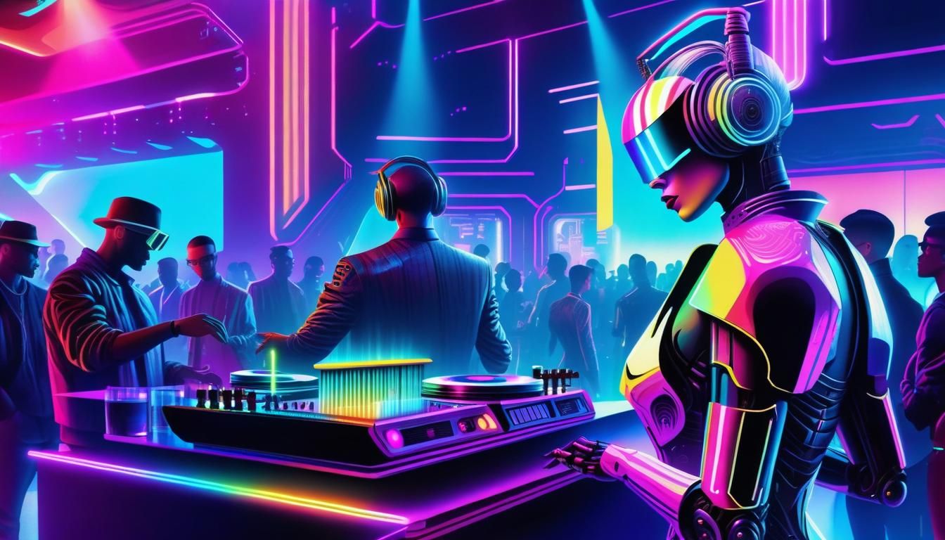 Cyberpunk Robot DJ in Neon Club