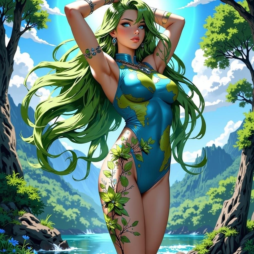 Earth Goddess Anime Character in a Lush Landscape