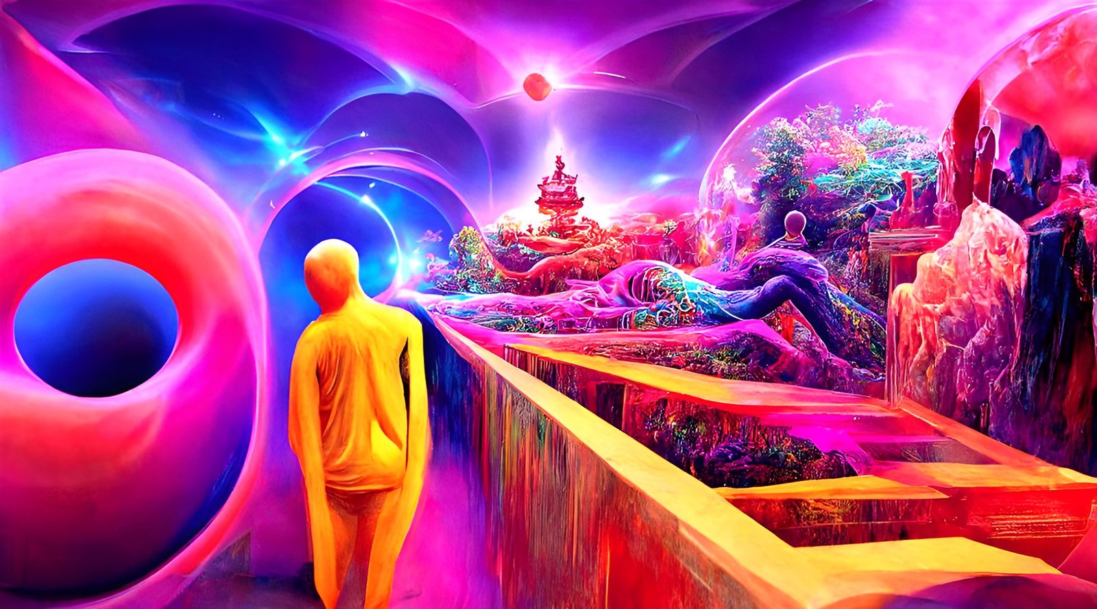 Mystical Man Reaching Transcendence in Surreal Painting