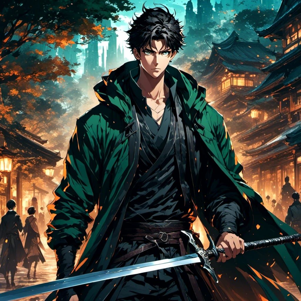 Anime Swordsman with Dramatic Lighting and Shadows