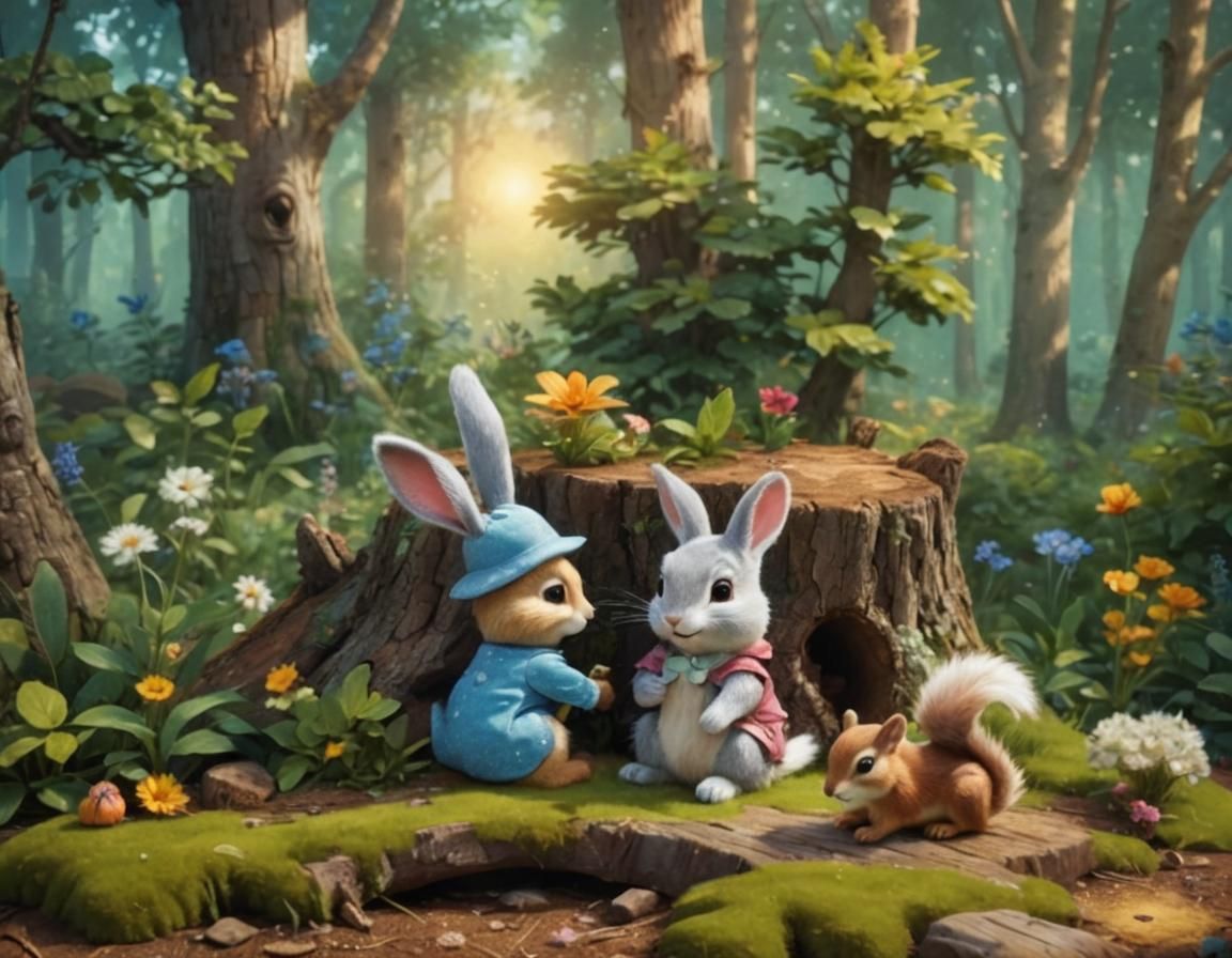 Bunny and Squirrel Among Wildflowers: 3D Digital Art