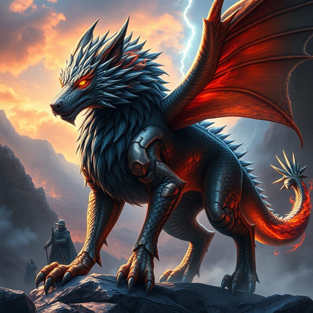 Stormfang Titan: Majestic Wolf-Dragon Hybrid in Shimmering S...