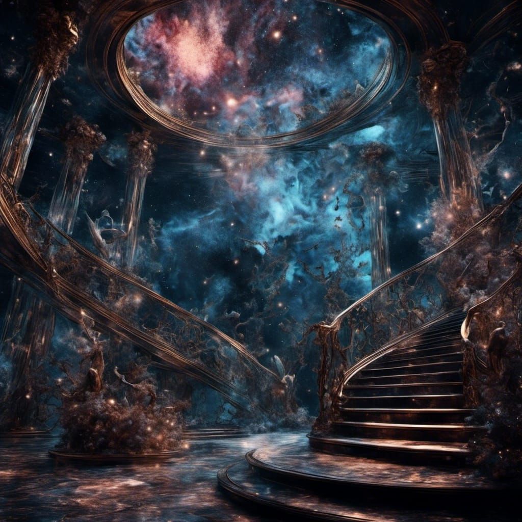 Celestial Gallery in Space with Mythical Statues