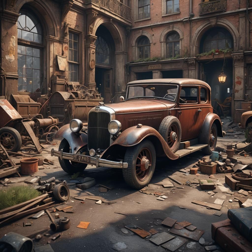Repairing Vintage Car in Detailed Matte Painting Style