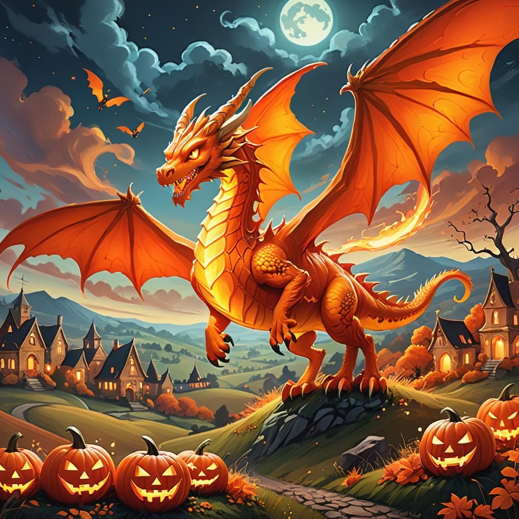 Pumpkin Dragon Soaring Over Haunted Autumn Landscape