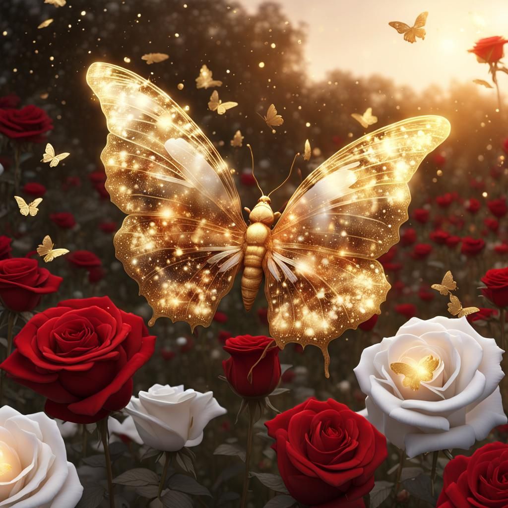 Golden Butterfly with Red Rose, Detailed Matte Painting