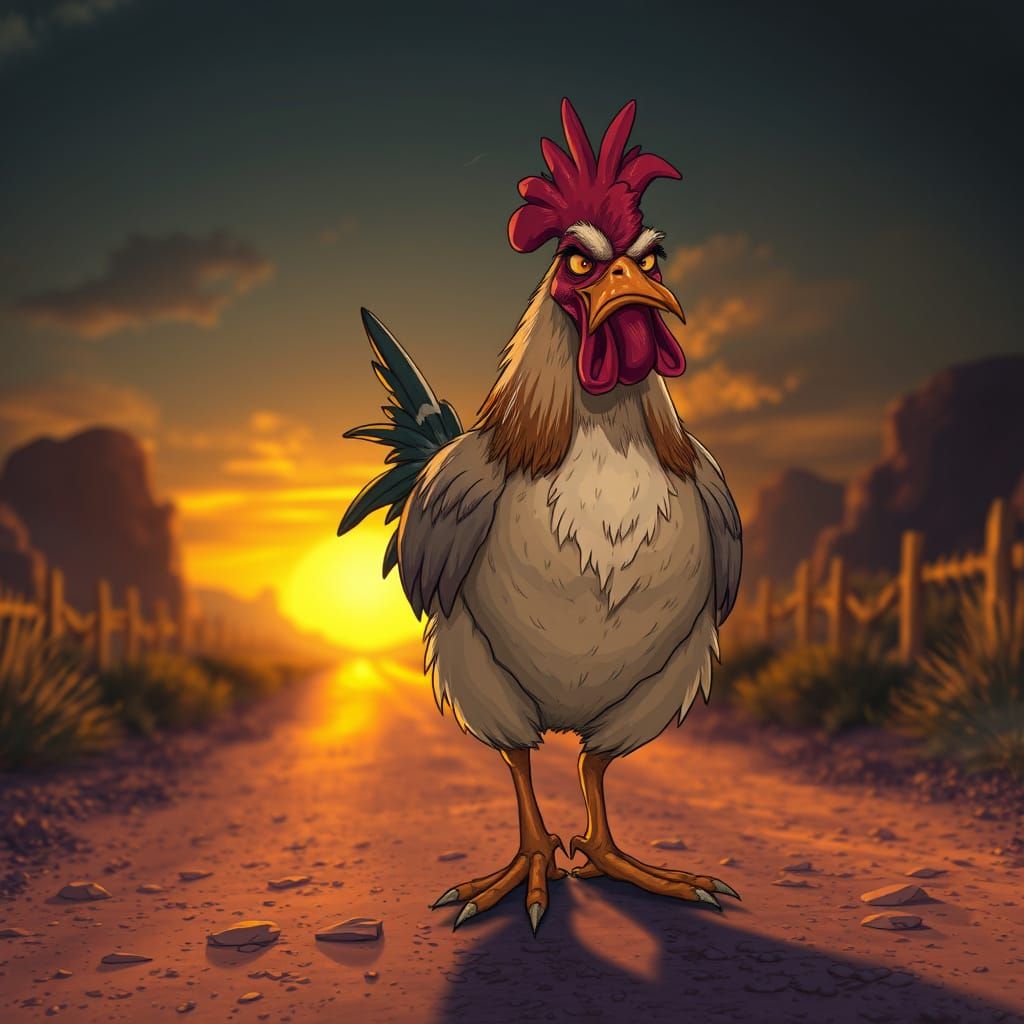 Grumpy Chicken Crosses Dusty Road at Sunset