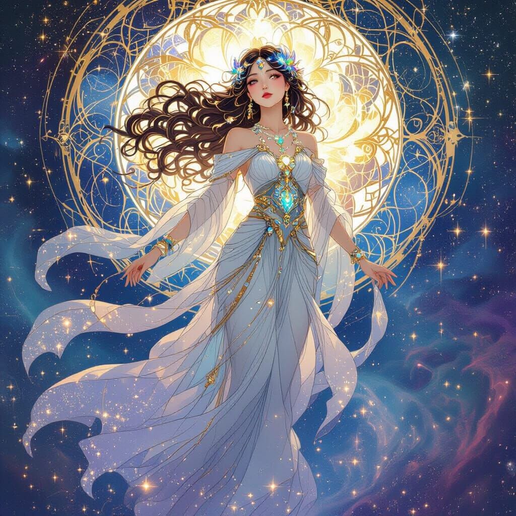 Celestial Goddess in Art Nouveau Cosmic Style