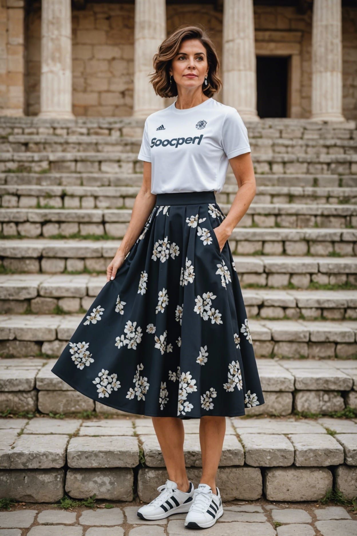 Woman in Blossom Skirt Poses in Greek Theater