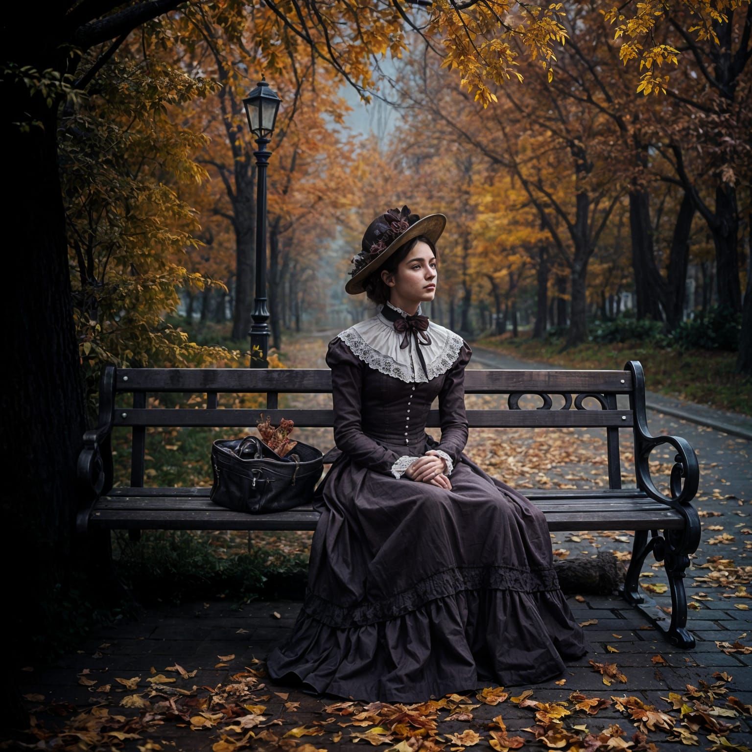 Victorian Lady in Autumn Park: Detailed Matte Painting