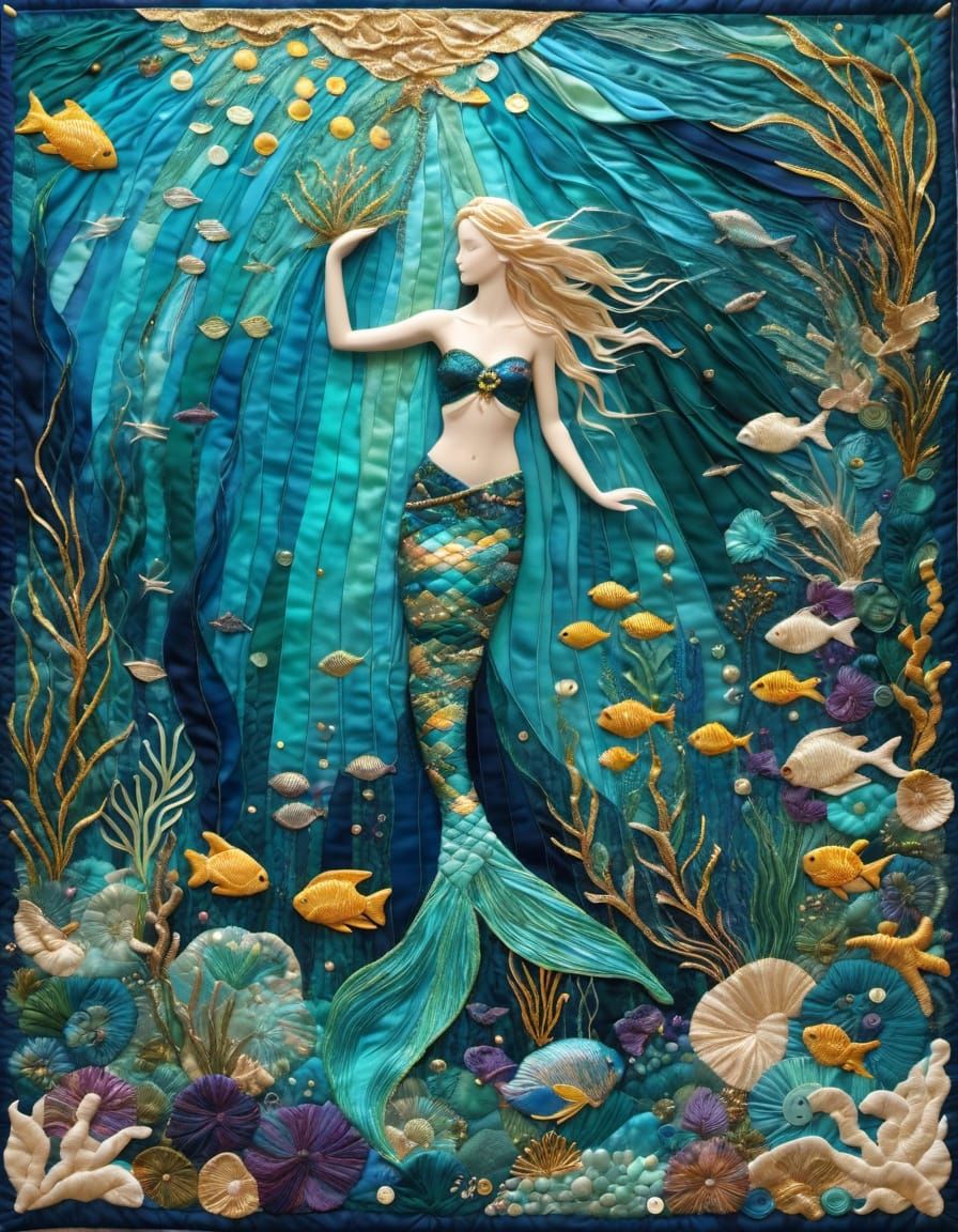 Mermaid in Vibrant Quilted Underwater Scene