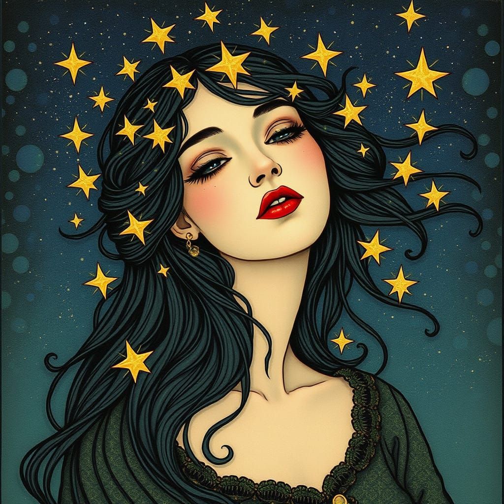 Enchanted Celestial Beauty in Art Nouveau Style