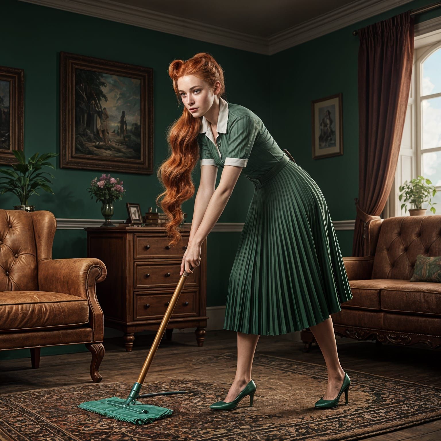 1940s Tradwife Cleaning in Detailed Matte Painting Style