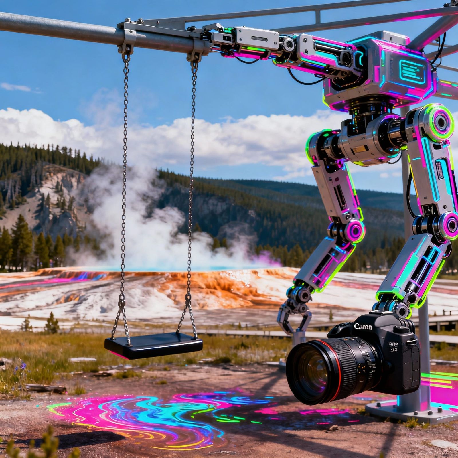 Futuristic Yellowstone National Park With Robotic Swings