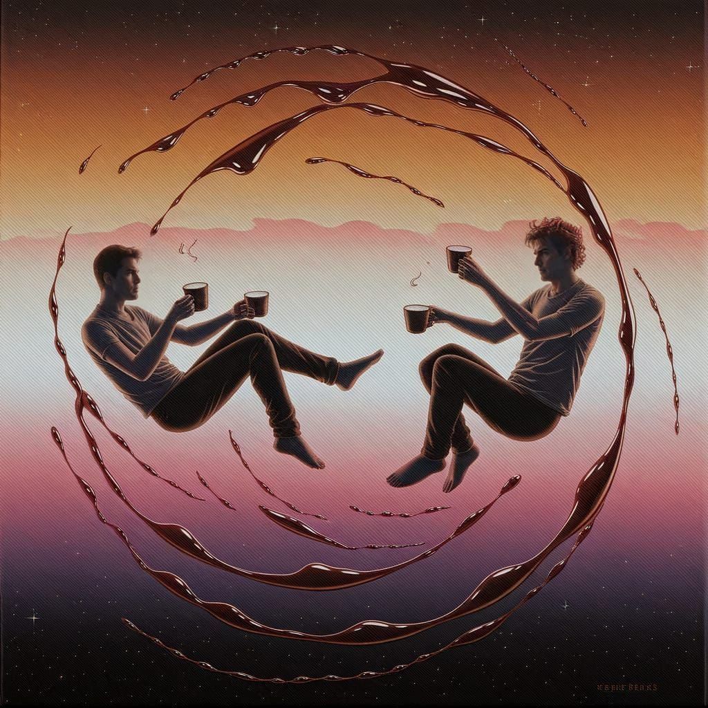 Serene Zero-Gravity Coffee Oasis in Vibrant Oil Painting